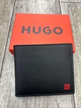 HUGO Black Leather Wallet with Red Logo Accent New with Box
